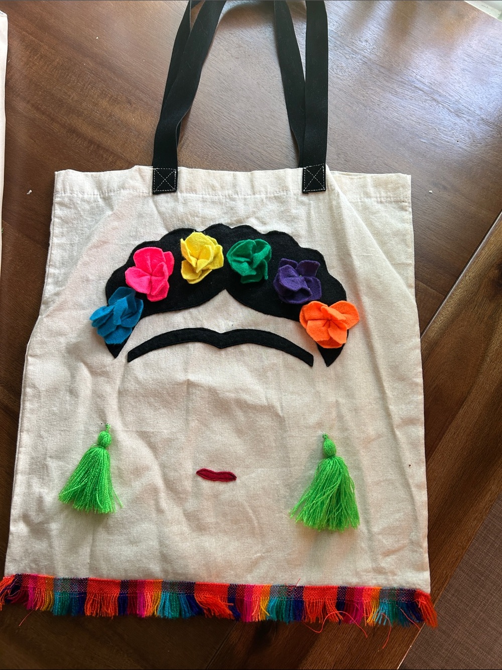 Frida Kahlo Canvas Tote Bag with Colorful Floral Fringe Design